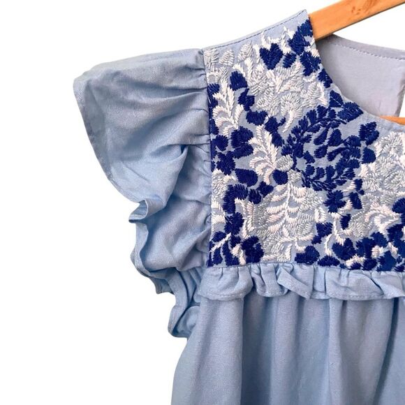 J.Marie Palmer Blue Dress with Floral Embroidery with Pockets in Size Small - Picture 6 of 11